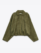 Alanna – Suede cropped jacket – Oversized button detail