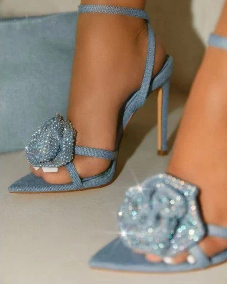Flavie – Floral embellishment – Denim rose stiletto heels
