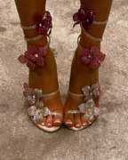 Margeline – Crystal-embellished satin – Floral appliqué heels