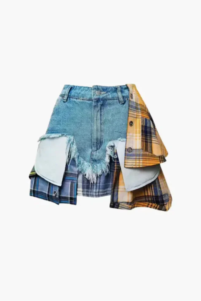 Monica – Plaid panels – Layered denim mini skirt